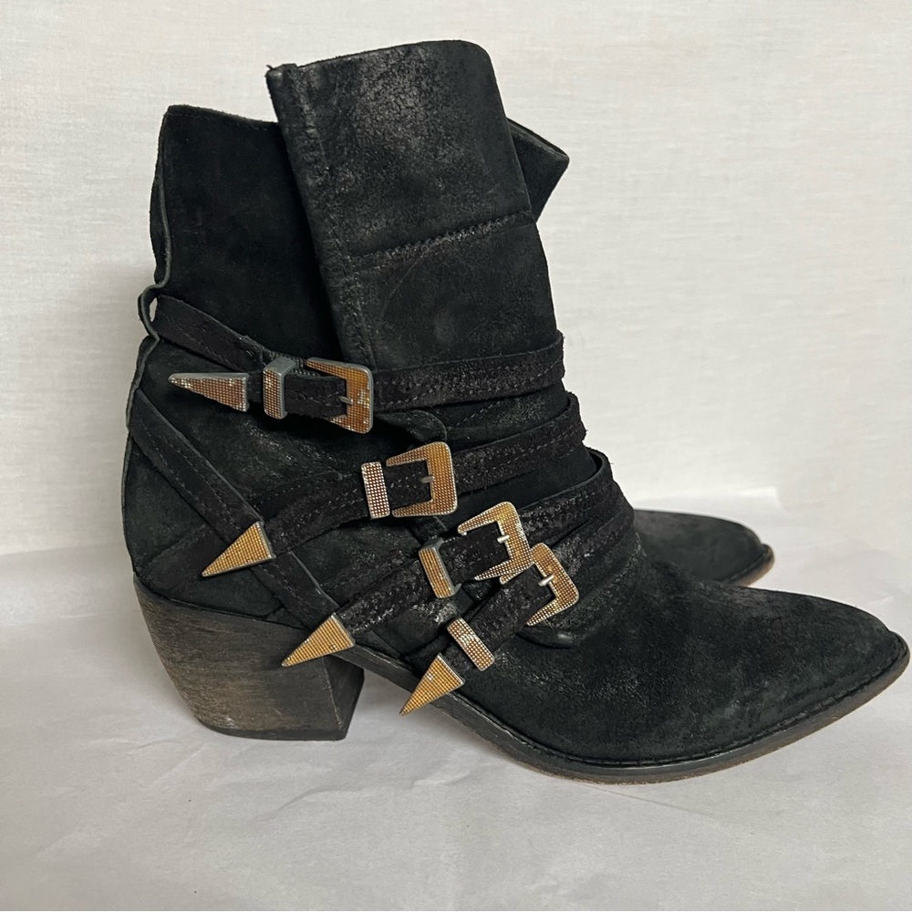 Free People Black Leather Edgy Ankle Booties with Buckle Straps